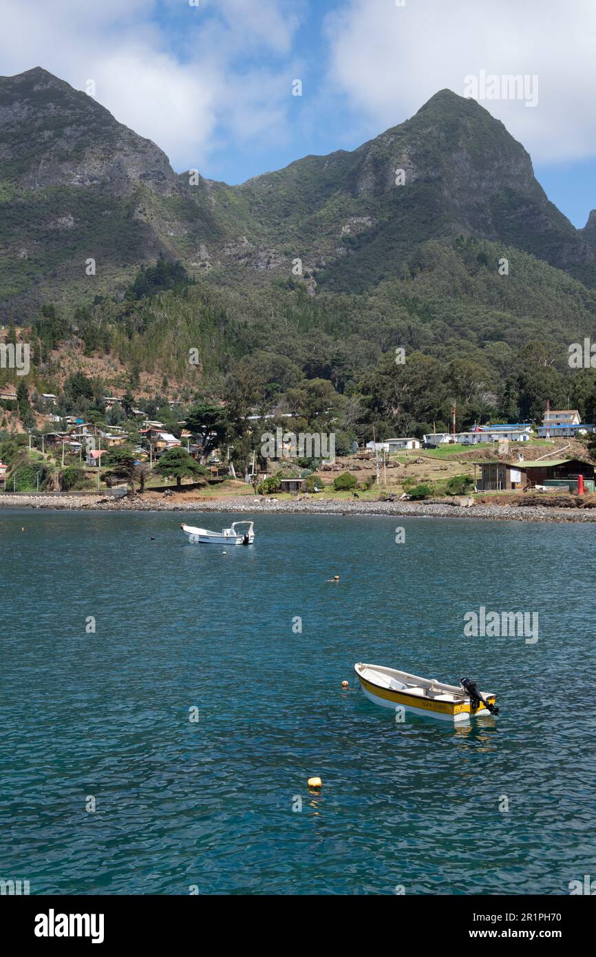 Chile, Juan Fernandez Archipelago, Robinson Crusoe Island, Cumberland Bay, village of San Juan Bautista. Stock Photo