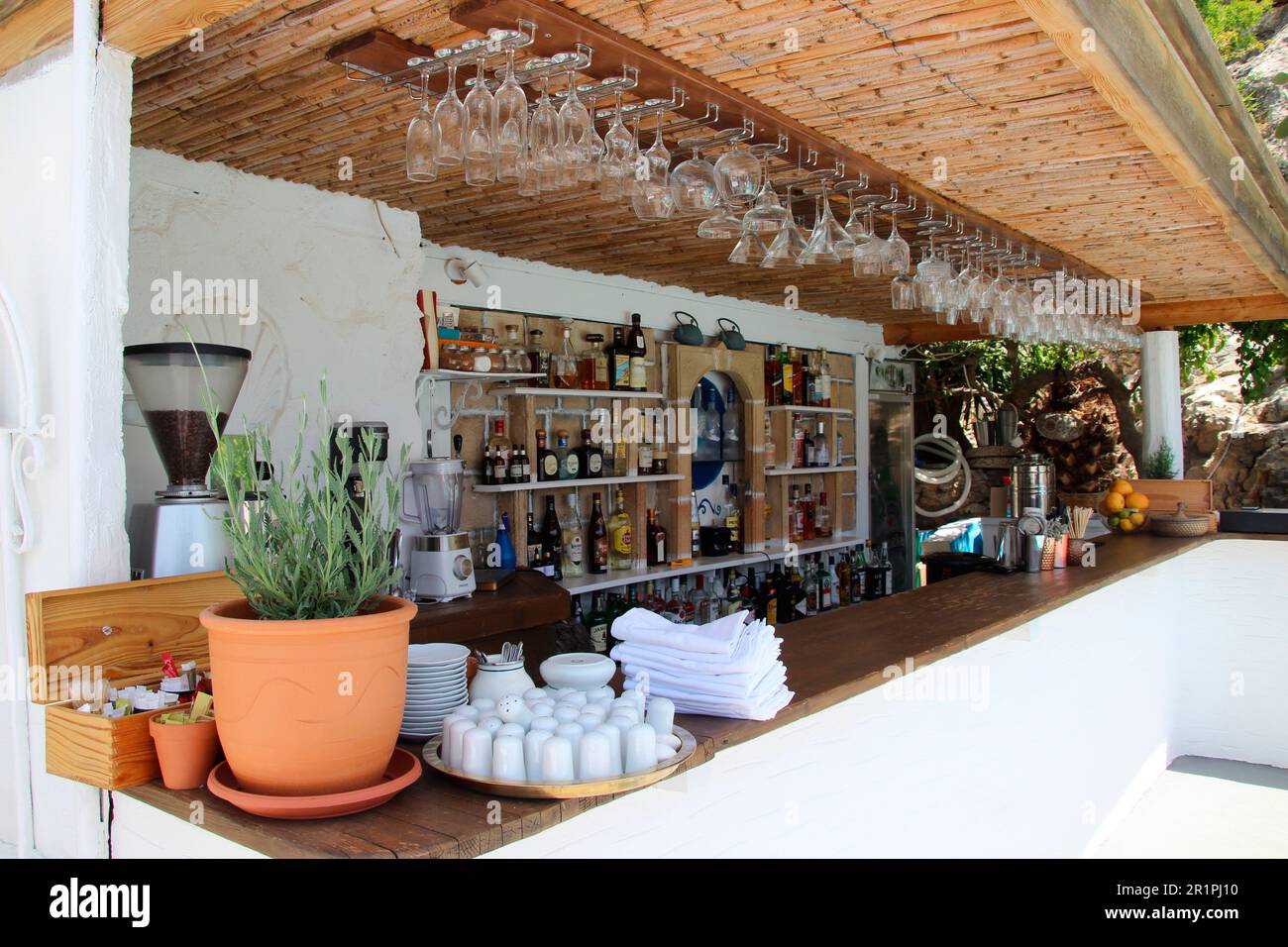Tavern near Lindos, bar, counter, Rhodes, Greece, Europe, shelves, drinks, glasses, Stock Photo