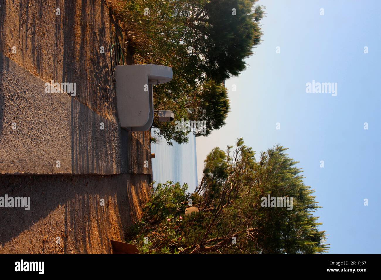 Way to the sea, view, garden area, sunrise, Rhodes, Greece Stock Photo