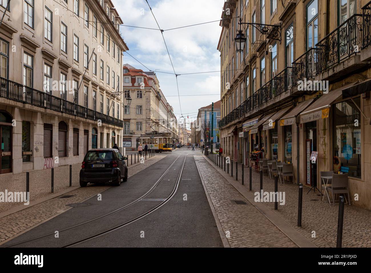 R. Bernardino Costa, Lisbon, Portugal, street scene, Tram Stock Photo