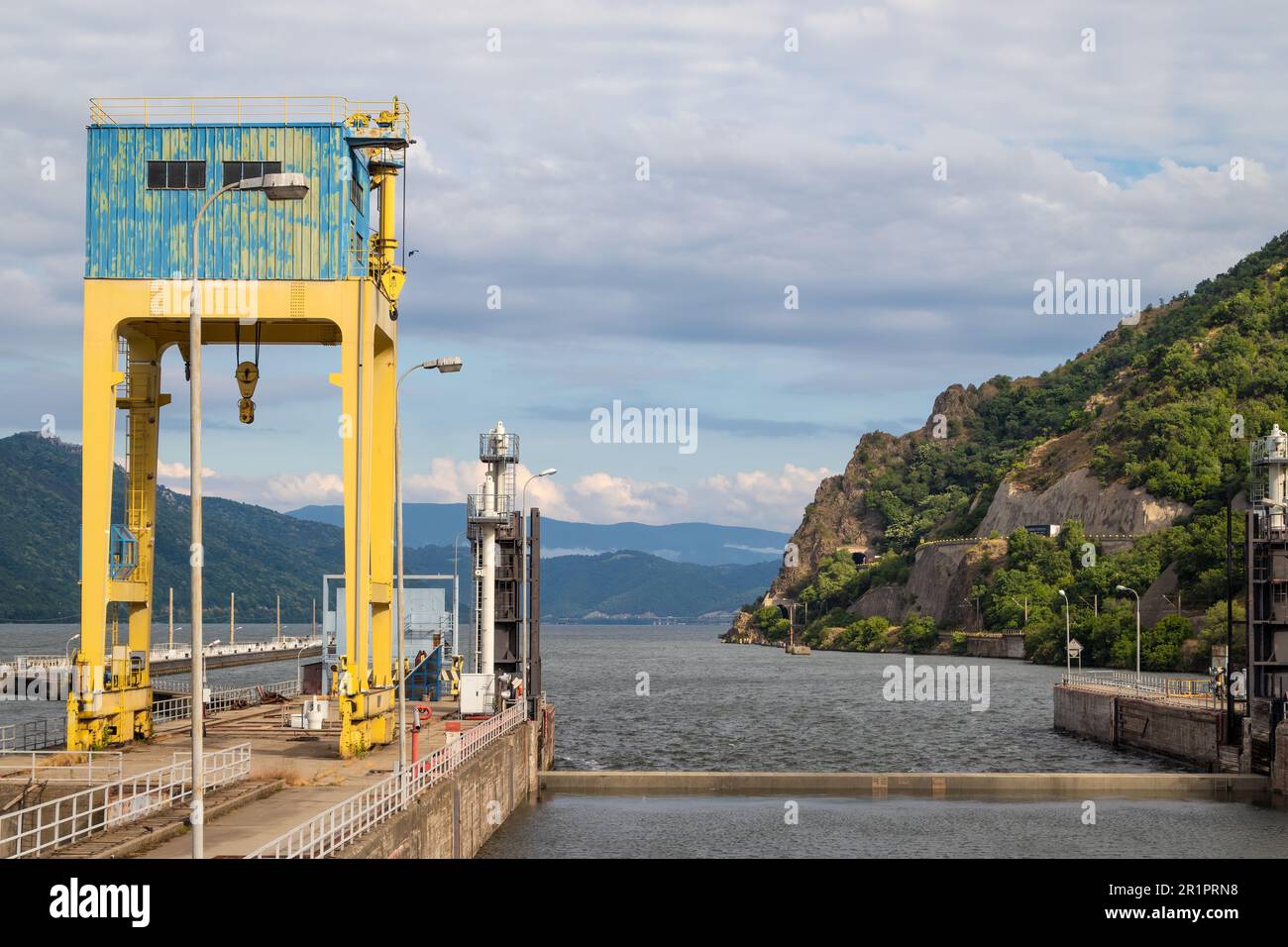 The locks at Iron Gate Gorge on the Danube between Serbia and Romania. Also supplies Hydro-electric power to the region. Stock Photo