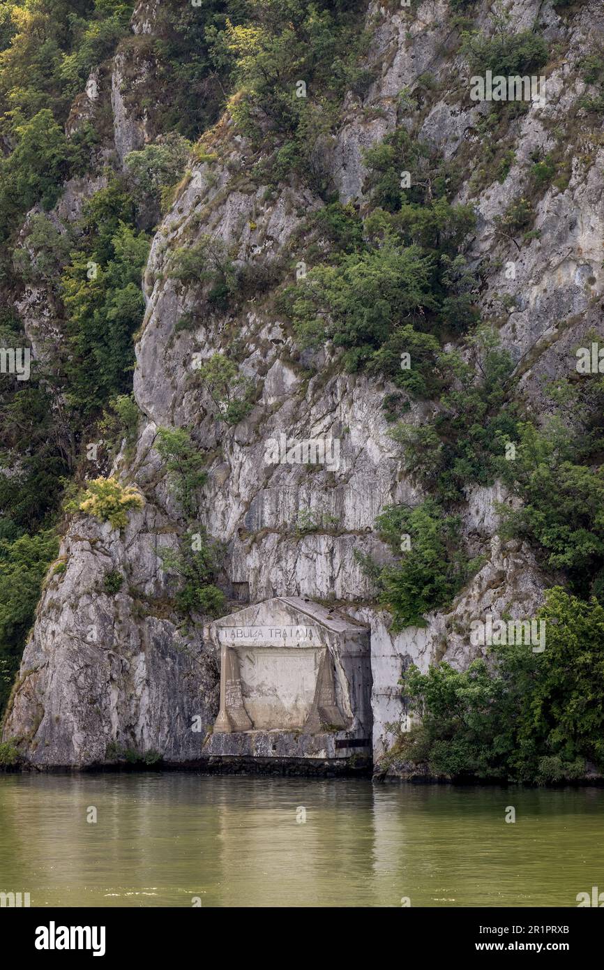 Roman emperor Trajan built theTabula Traiana to commemorate the roadway to Dacia nearly 2000 years ago. Iron Gate Gorge, Danube River, Serbia. Stock Photo