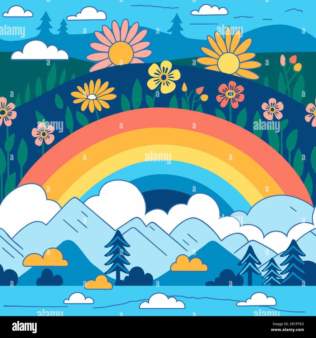 Perfect world vector illustration rainbow, mountains, clouds, flowers