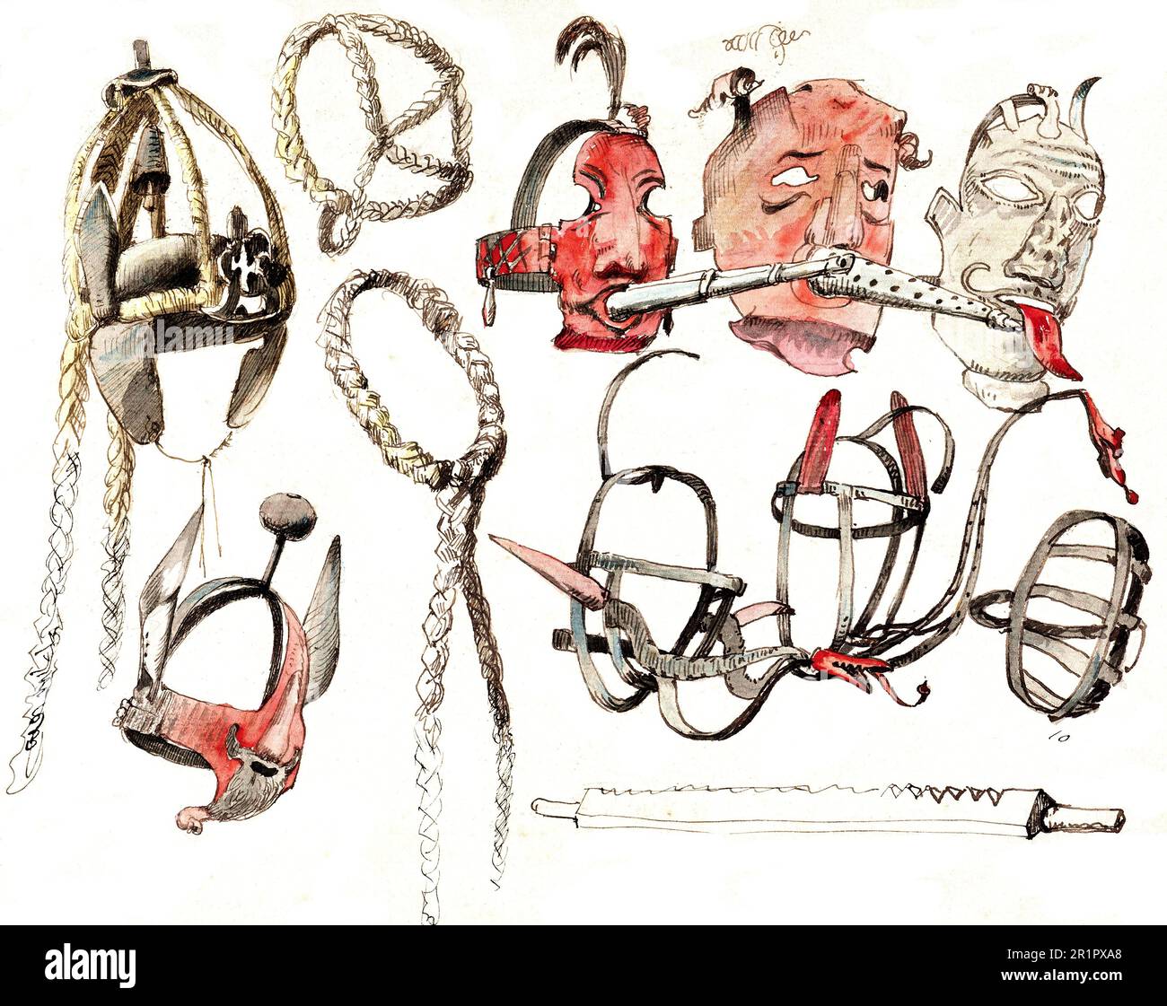 Torture, 11 instruments of punishment and torture, Historical, digitally restored reproduction from a 19th century original  /  Folter, 11 Strafinstrumente und Folterinstrumente, Historisch, digital restaurierte Reproduktion von einer Vorlage aus dem 19. Jahrhundert Stock Photo