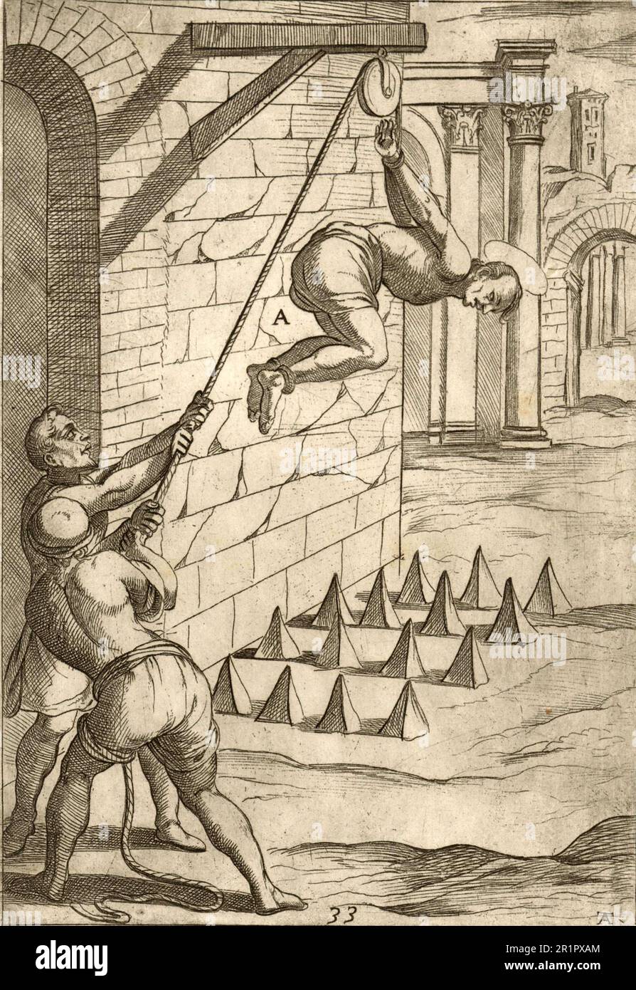Torture, Dropping on pointed objects, Historical, digitally restored reproduction from a 19th century original  /  Folter, Fallenlassen auf spitze Gegenstände, Historisch, digital restaurierte Reproduktion von einer Vorlage aus dem 19. Jahrhundert Stock Photo