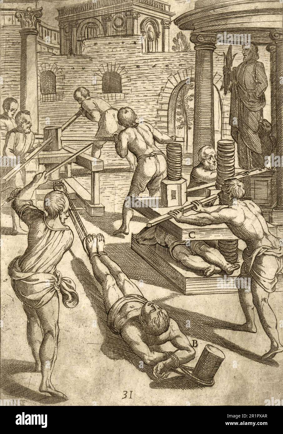 Torture with stretching, torture chamber, Historical, digitally restored reproduction from a 19th century original  /  Folter mit Dehnung, Folterkammer, Historisch, digital restaurierte Reproduktion von einer Vorlage aus dem 19. Jahrhundert Stock Photo