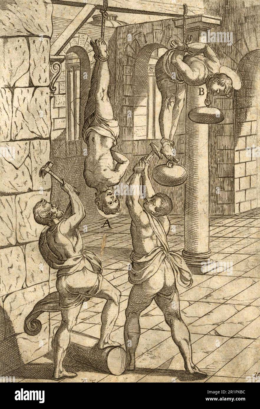 Torture with hammers, Hanging, Historical, digitally restored reproduction from a 19th century original  /  Folterung mit Hämmern, Erhängen, Historisch, digital restaurierte Reproduktion von einer Vorlage aus dem 19. Jahrhundert Stock Photo
