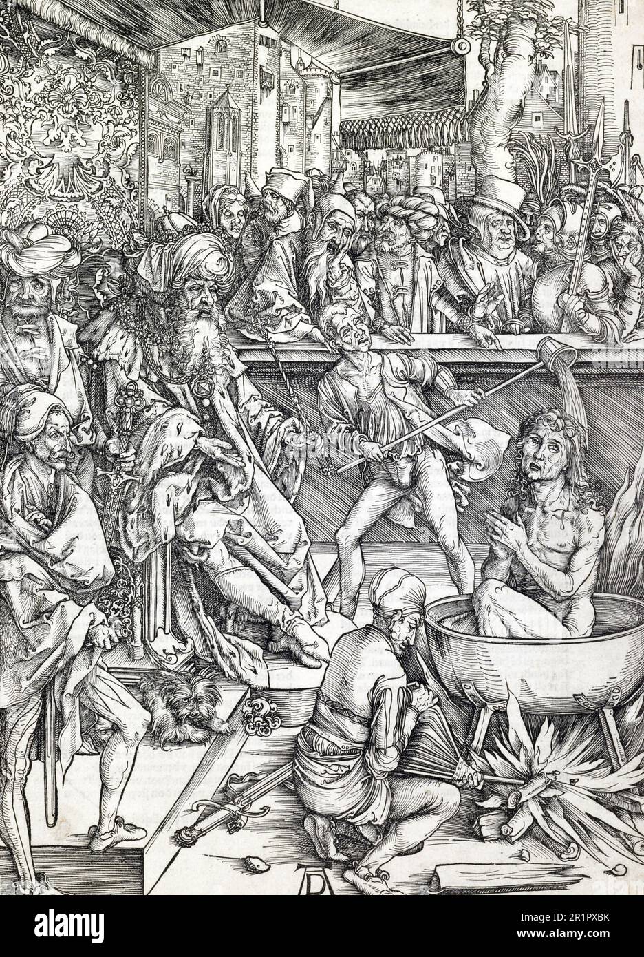 The Torture of St. John the Evangelist, Historical, digitally restored reproduction from a 19th century original  /  Die Folterung des Heiligen Johannes des Evangelisten, Historisch, digital restaurierte Reproduktion von einer Vorlage aus dem 19. Jahrhundert Stock Photo