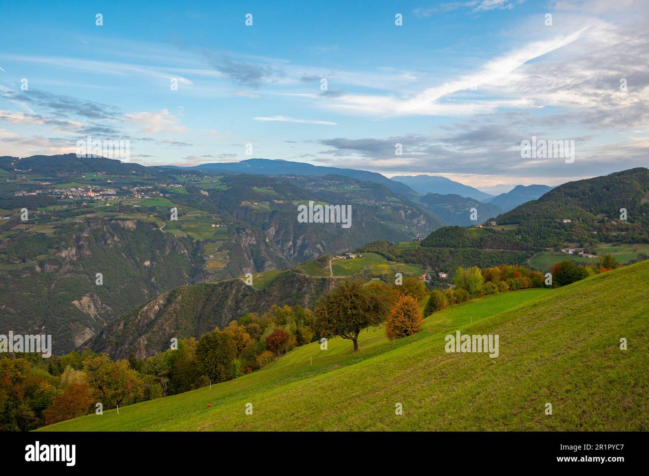 Italy, Trentino-Alto Adige, Alto Adige - South Tyrol, Steinegg, Biohotel and Bikehotel Steineggerhof, view of the Eisack Valley and Voels Stock Photo
