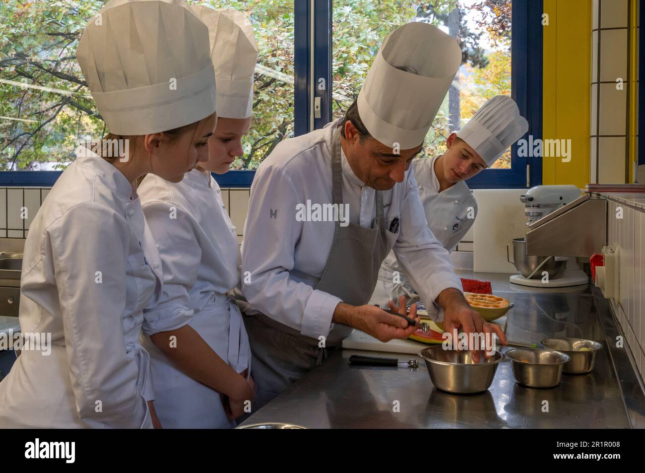 Italy, Trentino-Alto Adige, Alto Adige - South Tyrol, Eisacktel, Bressanone, Provincial Vocational School for the Hospitality and Food Industry, Emma Hellenstainer, Armin Mairhofer, Pearls of marinated melons, cucumbers, oyster cabbage Stock Photo