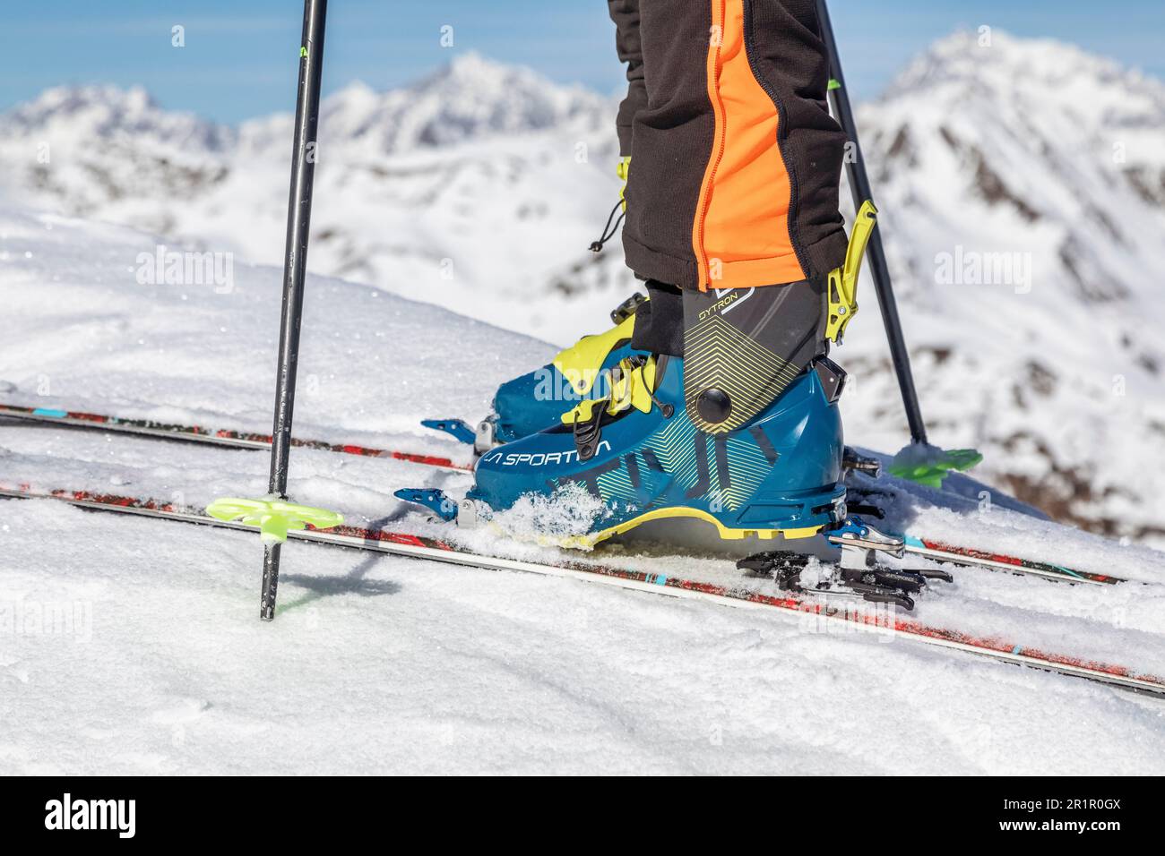 Austria, East Tyrol, Villgraten valley, Western Tauern Alps, detail on technical ski mountaineering equipment, boots, bindings and skis Stock Photo