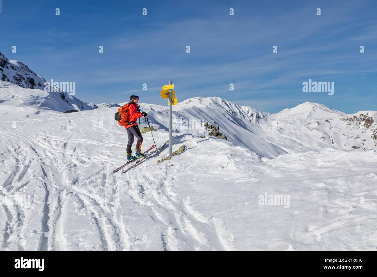 Austria, East Tyrol, Villgraten valley, ski mountaineer and trail signs, Villgraten Mountains, Western Tauern Alps Stock Photo