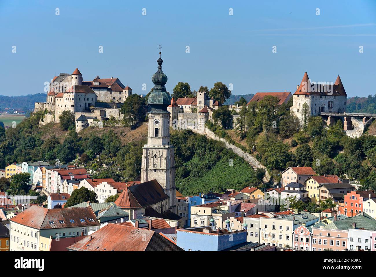Germany, Bavaria, Upper Bavaria, Altötting County, Burghausen, Old Town, St. Jacob's Parish Church, Castle Stock Photo