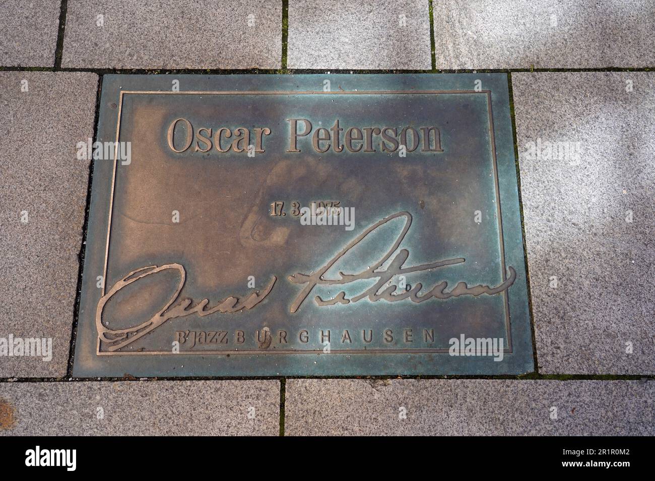 Germany, Bavaria, Upper Bavaria, Altötting County, Burghausen, Old Town, International Jazz Week, Street of Fame, signed relief plate, Oscar Peterson Stock Photo