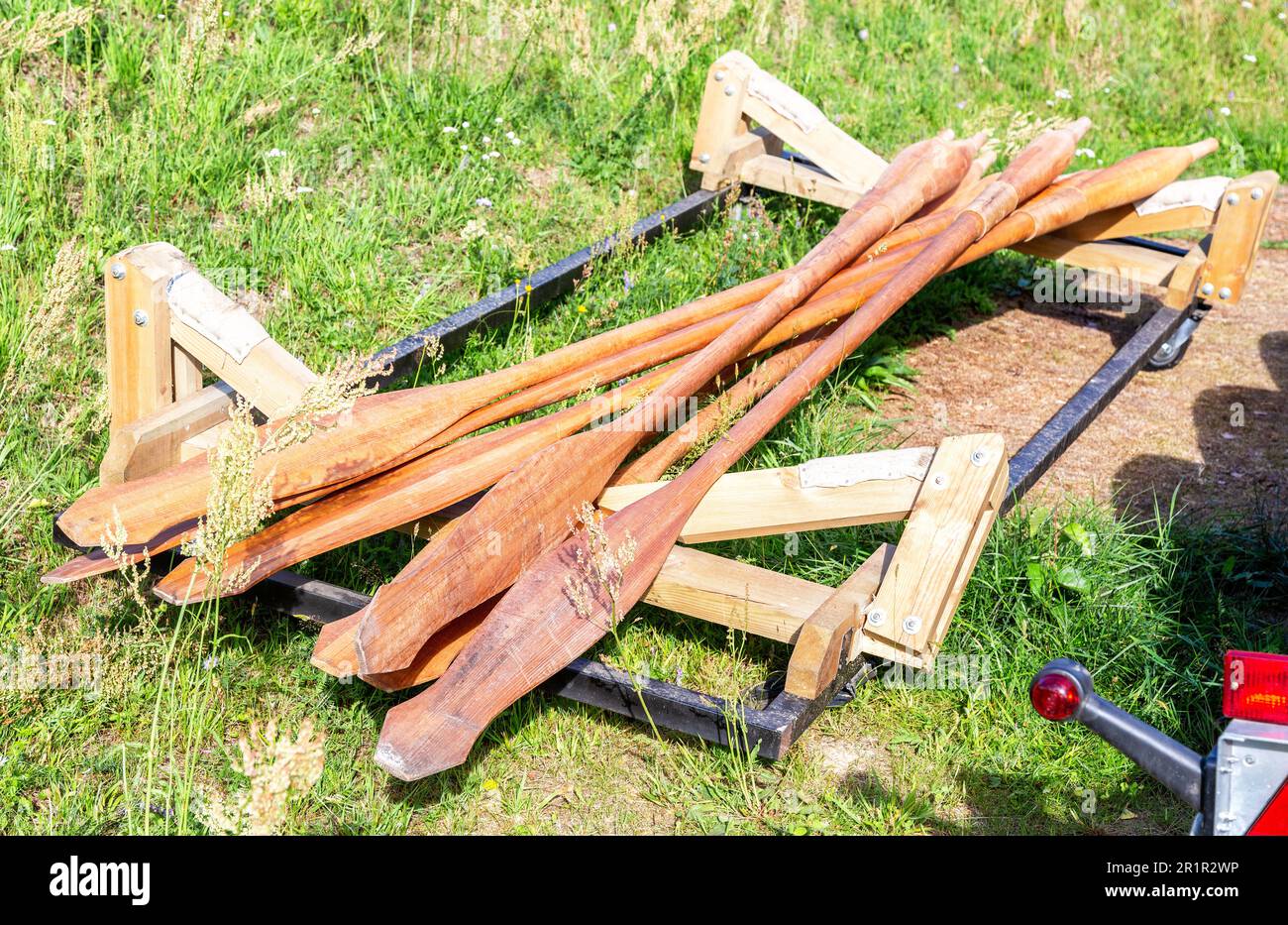 Many wooden oars of a large rowing boat Stock Photo