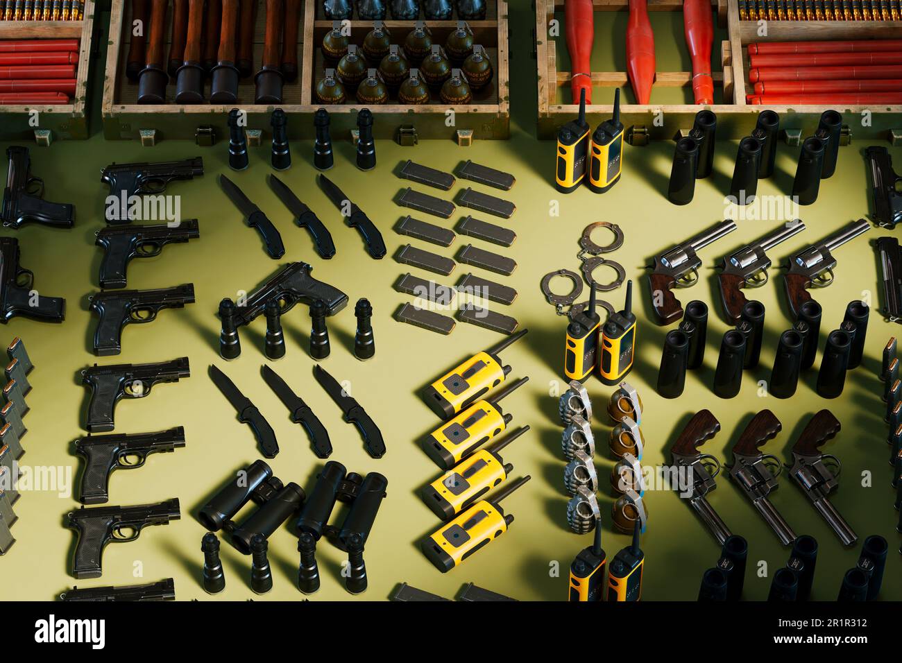 Weapons and military boxes full of ammunition. Army accessories. War equipment. Ammo, cartridges, handguns, explosive materials, binocular, grenades, Stock Photo