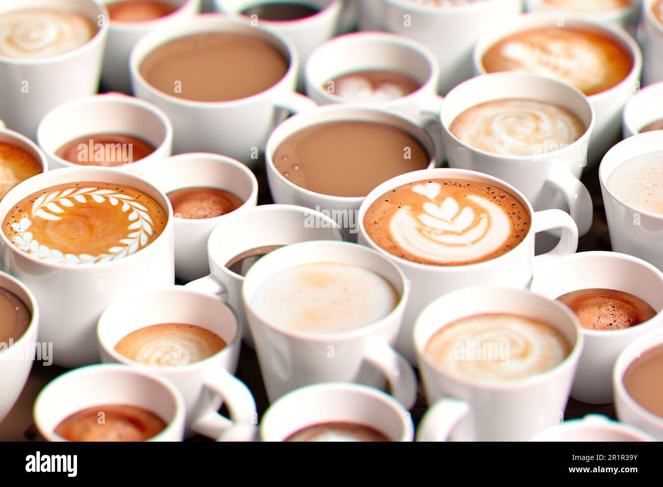 Different coffee drink types. Side view on the dark table with