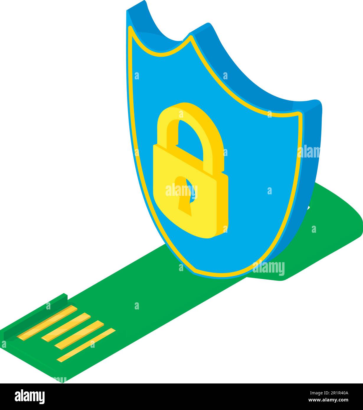 Data protected icon isometric vector. Shield with padlock image near flash drive. Storage device, modern technology, internet security Stock Vector