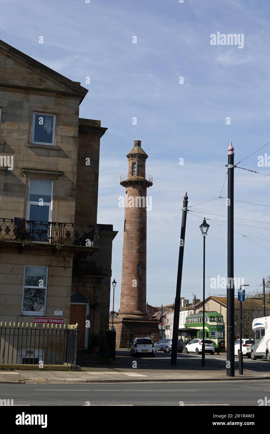 Vintage English Electric Balloon Tram number 700 and the Pharos or Upper Lighthouse Fleetwood Lancashire England Stock Photo