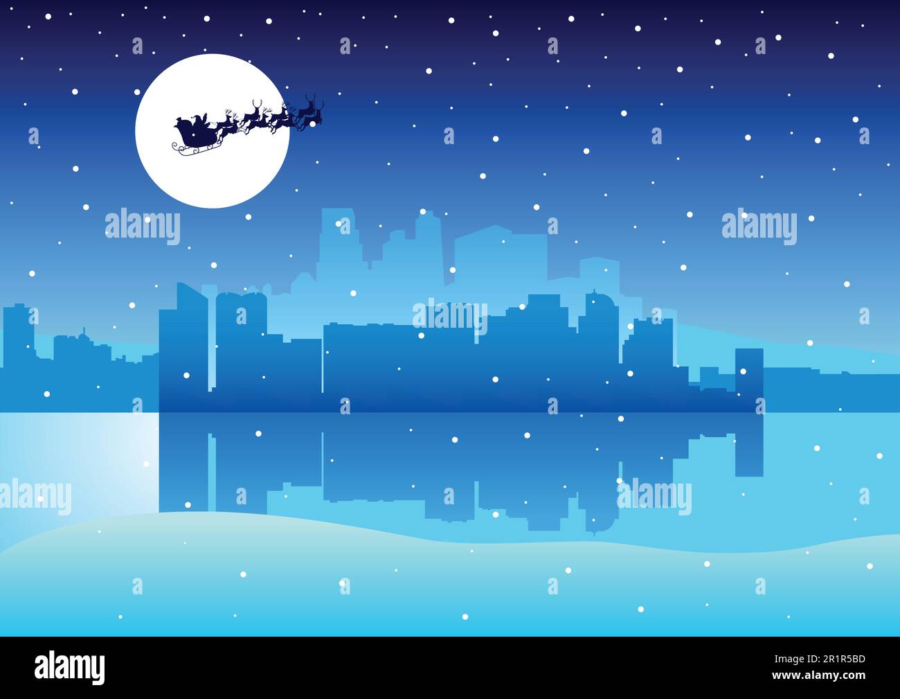 Illustration of Santa Claus flying on the cityscape during winter Stock Vector