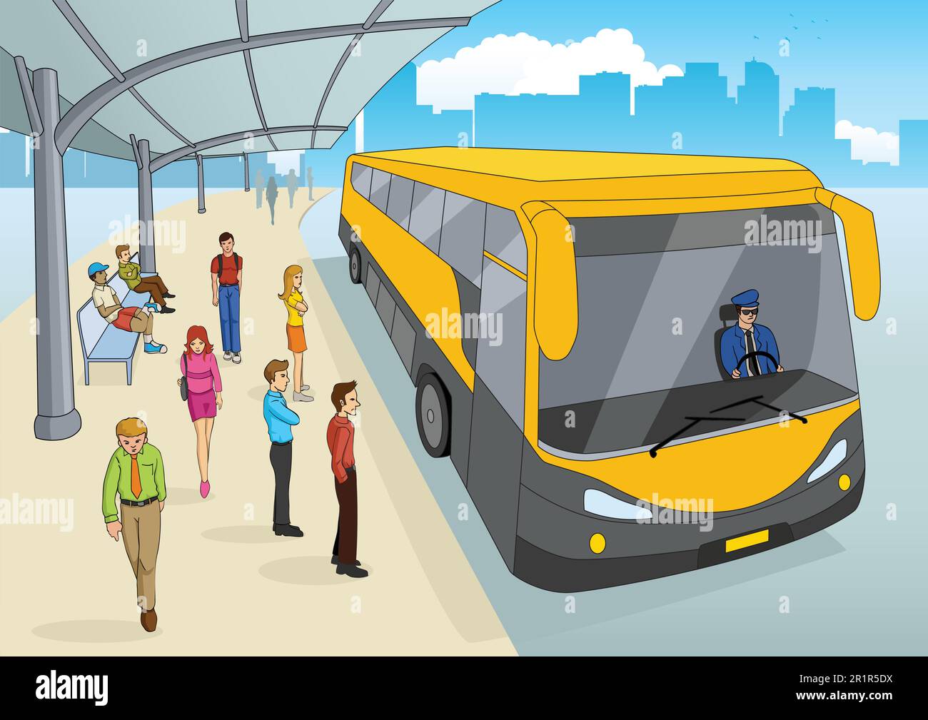 Cartoon illustration of a bus station Stock Vector