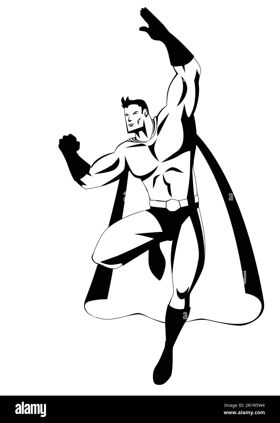 Superhero in flying pose in black and white illustration Stock Vector