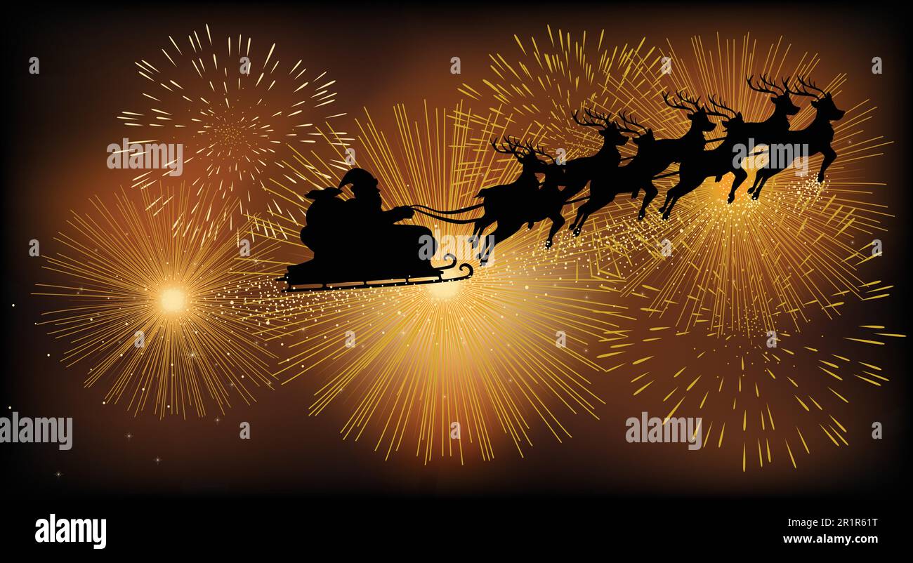 Christmas background or theme, Santa Claus flying with his sleigh against fireworks. Using gradient mesh, compatible in Adobe Illustrator CS Stock Vector