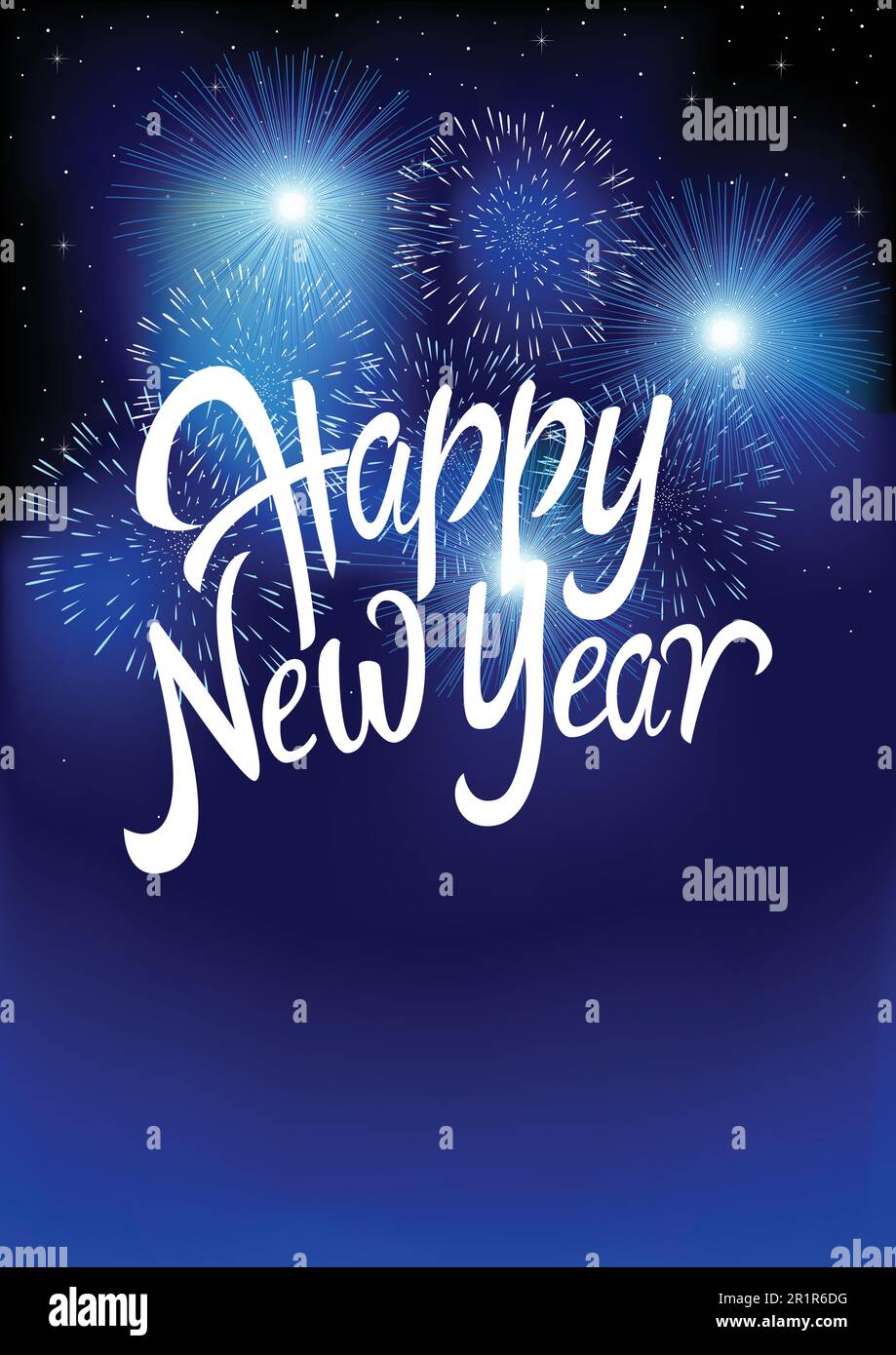 Text of Happy New Year with fireworks background, for new year theme. Gradient mesh background compatible in Adobe Illustrator CS Stock Vector