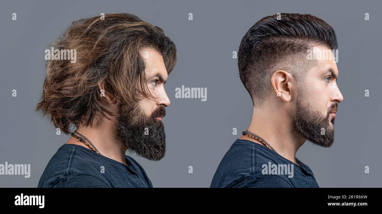 Man before and after visiting different haircut, mustache