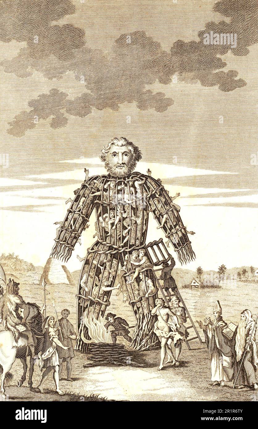 The Wicker Man - An 18th-century illustration of a wicker man. Engraving from A Tour in Wales written by Thomas Pennant. Stock Photo