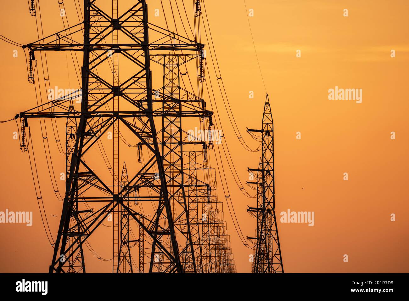 High voltage electric transmission tower. High voltage power lines on