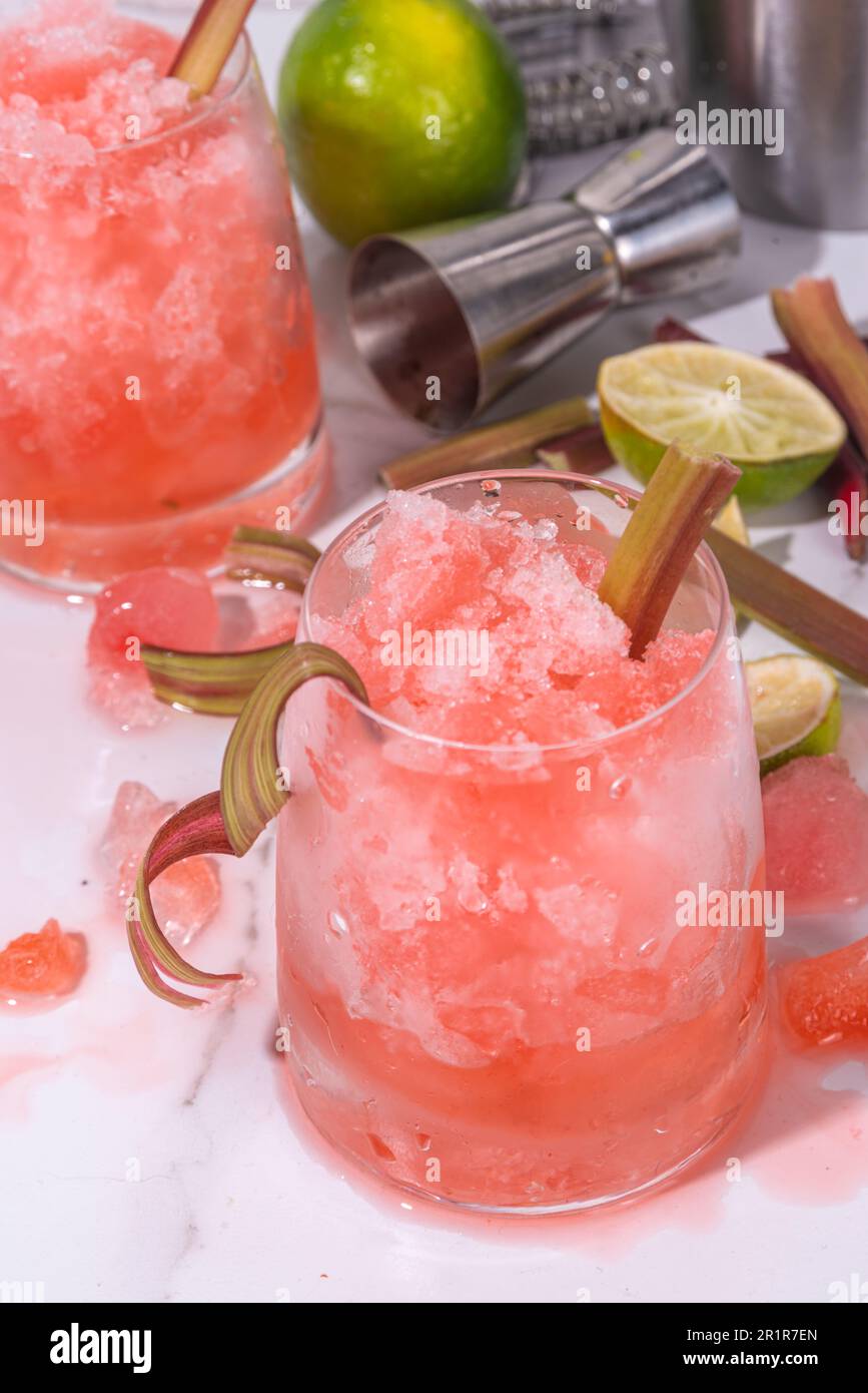 Refreshing summer rhubarb sour fizz cocktail, frozen fizz cocktail