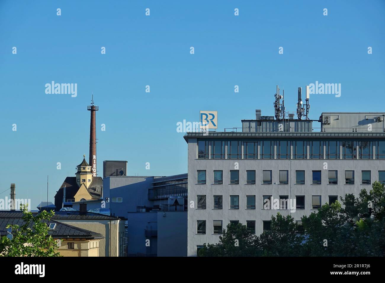 The logo of the Bavarian Broadcasting Corporation clearly visible on the roof Stock Photo