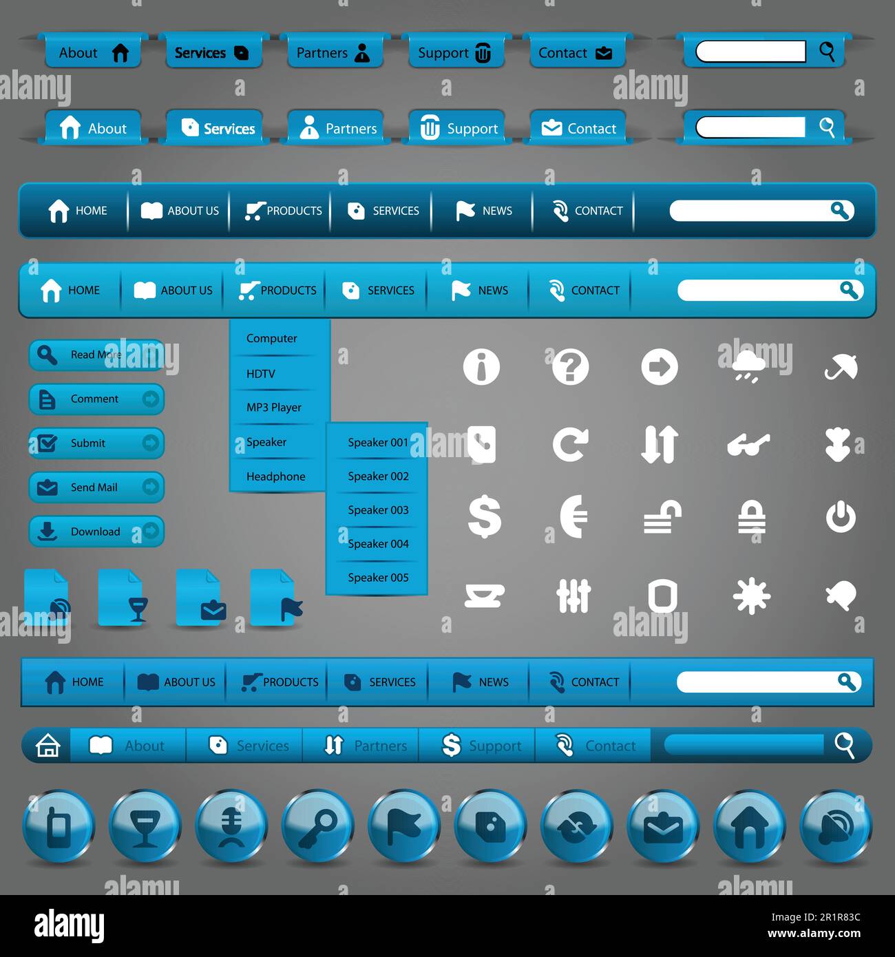 Collection Of Blue Modern Styled Website Design Elements Stock Vector