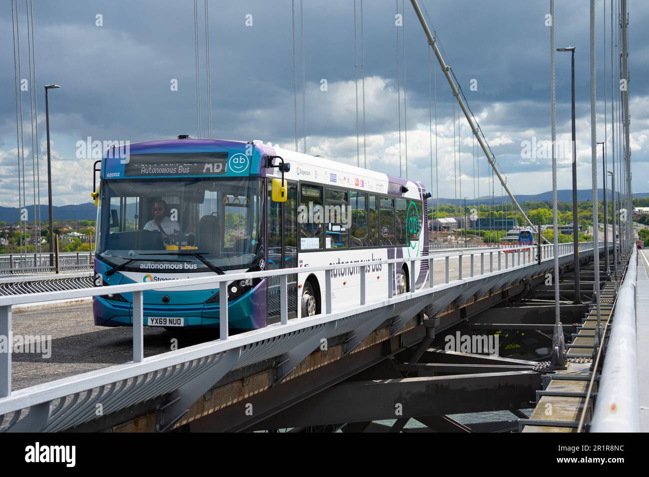 North Queensferry, Scotland, UK. 15 May 2023. Stagecoach autonomous self driving bus starts scheduled service between Ferrytoll Park and Ride at North Queensferry and Edinburgh Gate station in Edinburgh. The bus is the first full sized self driving passenger bus to operate in the UK. Initially the bus will only be autonomous on sections of motorway on the routs with the driver always ready to take control. Bus passes over the Forth Road bridge.. Iain Masterton/Alamy Live News Stock Photo