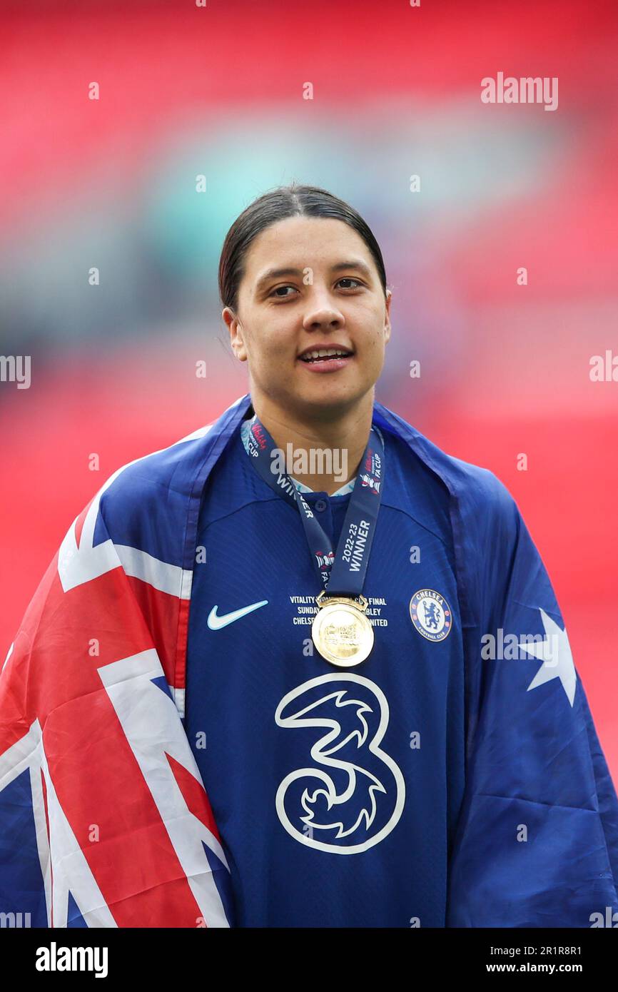 Sam Kerr of Chelsea with her winners medal during the Vitality Women's
