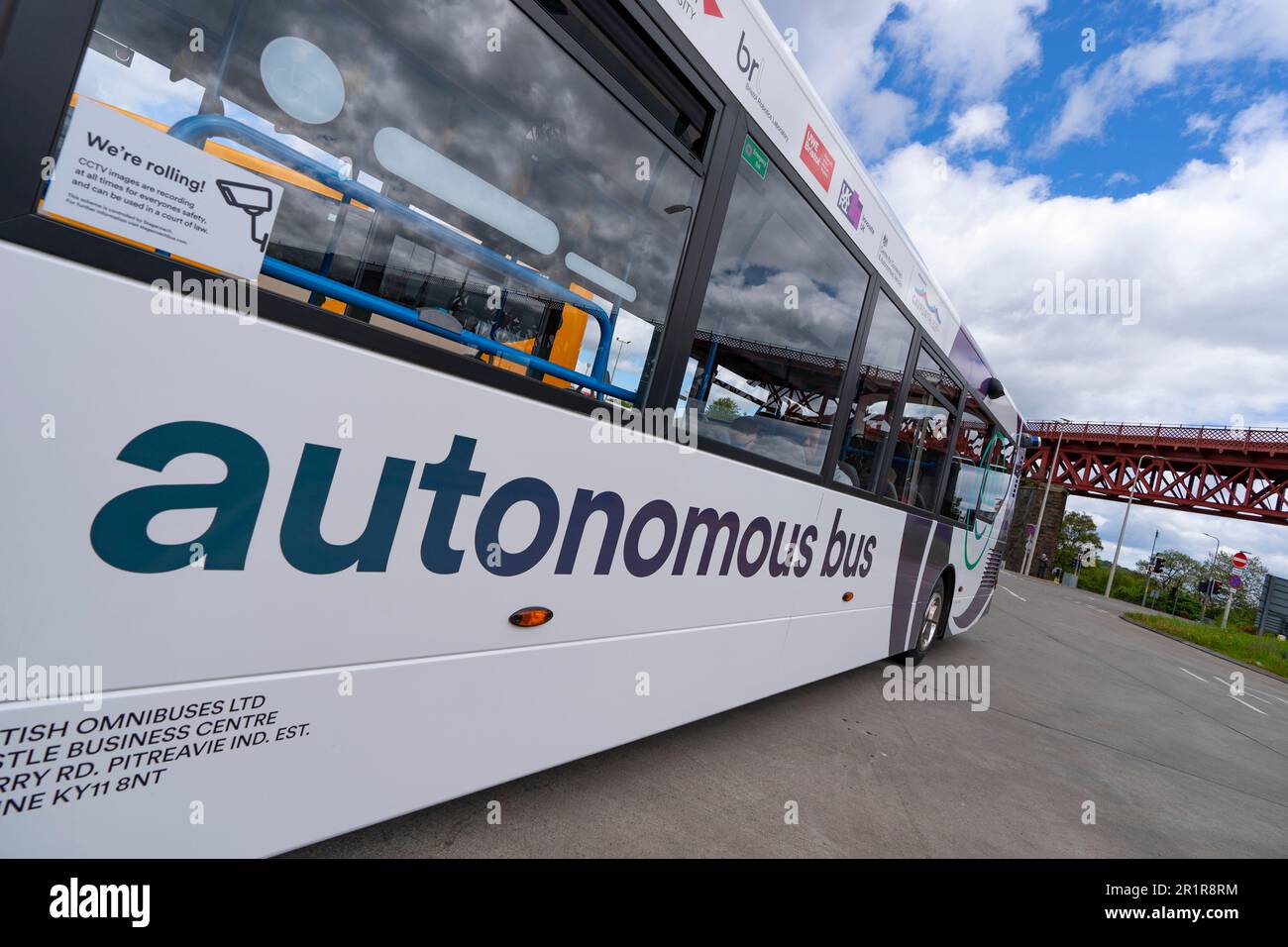 North Queensferry, Scotland, UK. 15 May 2023. Stagecoach autonomous self driving bus starts scheduled service between Ferrytoll Park and Ride at North Queensferry and Edinburgh Gate station in Edinburgh. The bus is the first full sized self driving passenger bus to operate in the UK. Initially the bus will only be autonomous on sections of motorway on the routs with the driver always ready to take control.. Iain Masterton/Alamy Live News Stock Photo