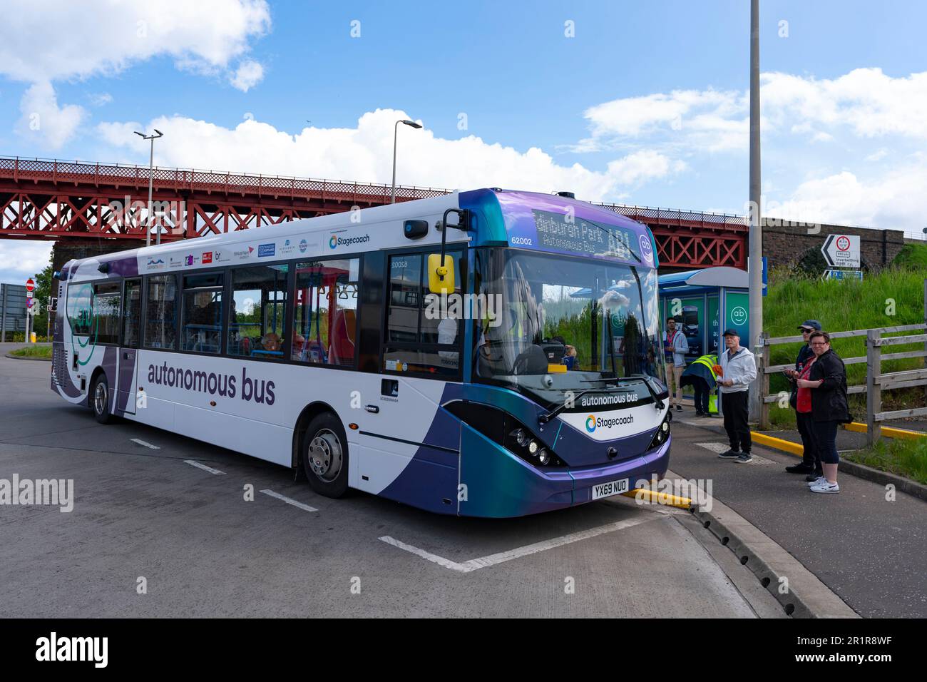 North Queensferry, Scotland, UK. 15 May 2023. Stagecoach autonomous self driving bus starts scheduled service between Ferrytoll Park and Ride at North Queensferry and Edinburgh Gate station in Edinburgh. The bus is the first full sized self driving passenger bus to operate in the UK. Initially the bus will only be autonomous on sections of motorway on the routs with the driver always ready to take control.. Iain Masterton/Alamy Live News Stock Photo