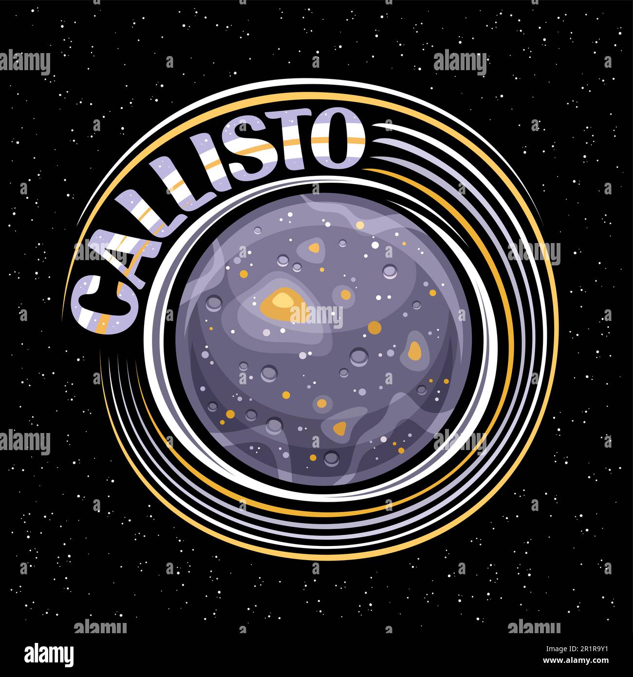 Vector logo for Callisto, decorative fantasy print with rotating moon callisto, stone surface with craters and mountains, cosmo badge with unique lett Stock Vector