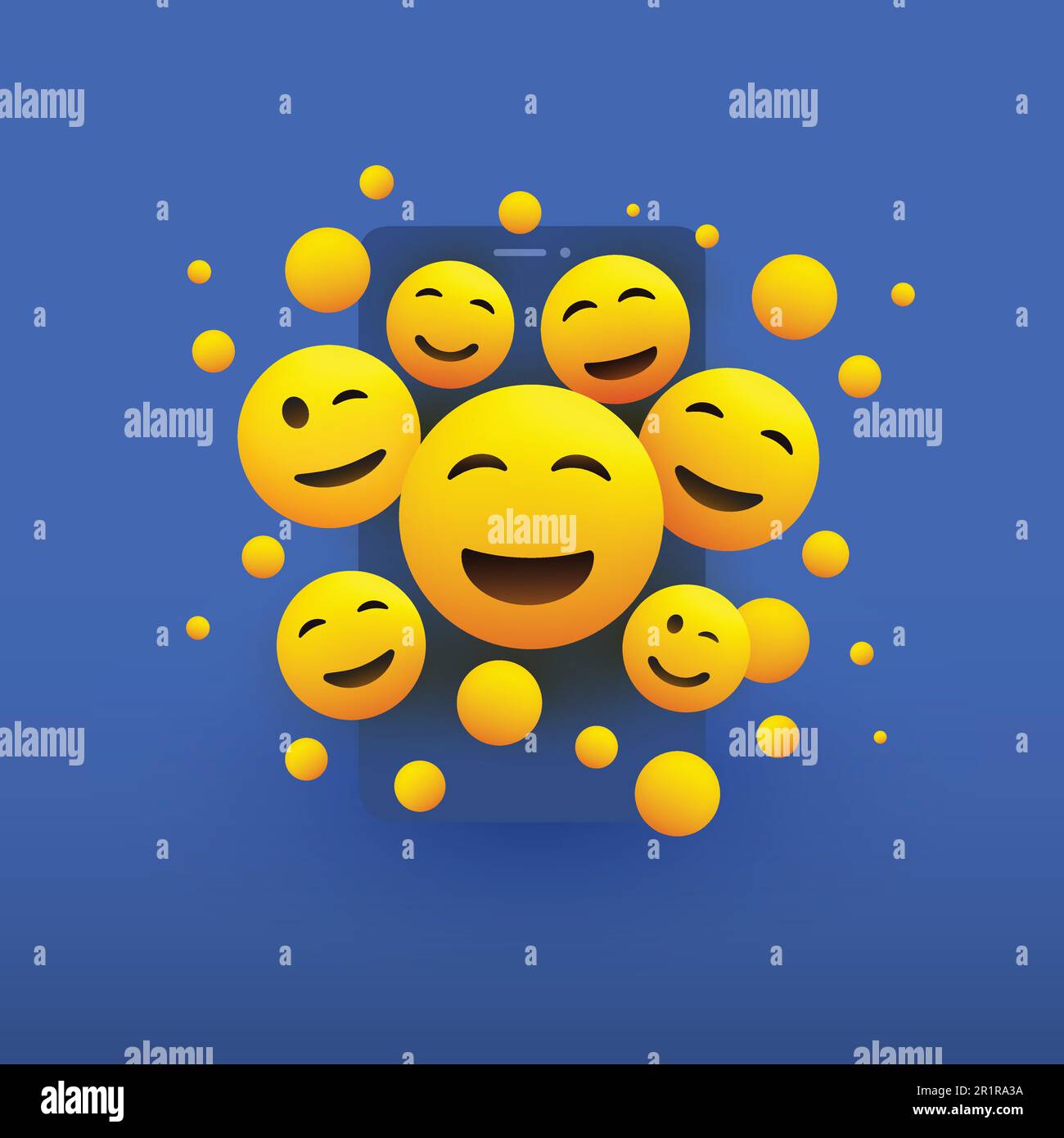 Various Smiling Happy Yellow Emoticons in Front of a Smartphone Screen
