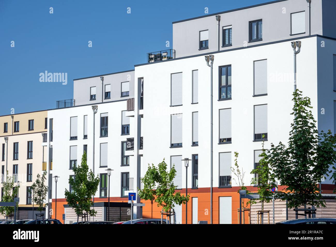 Modern white apartment buildings with balconies seen in Berlin, Germany
