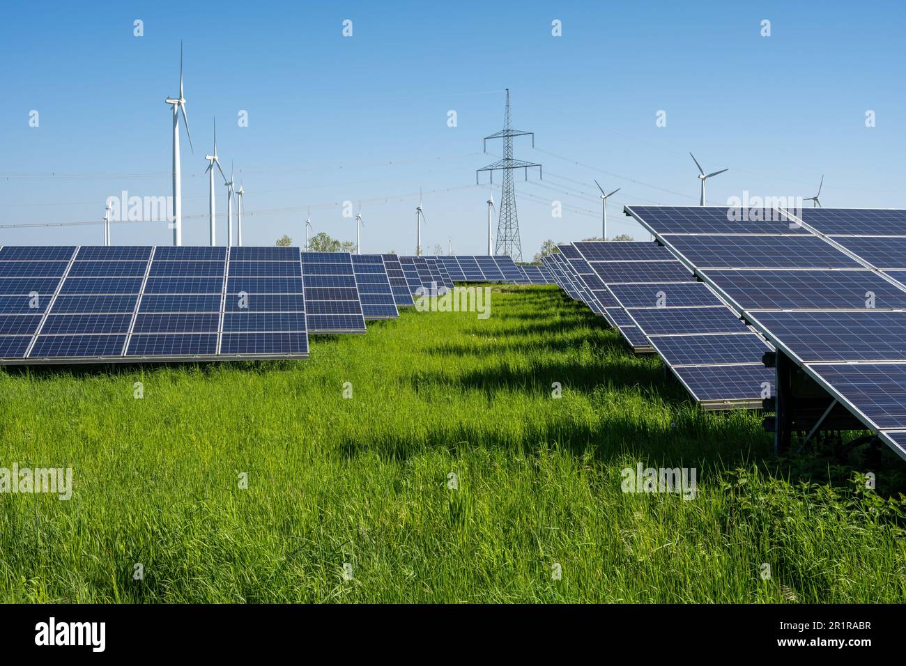 Solar panels, wind turbines and electricity pylons seen in Germany