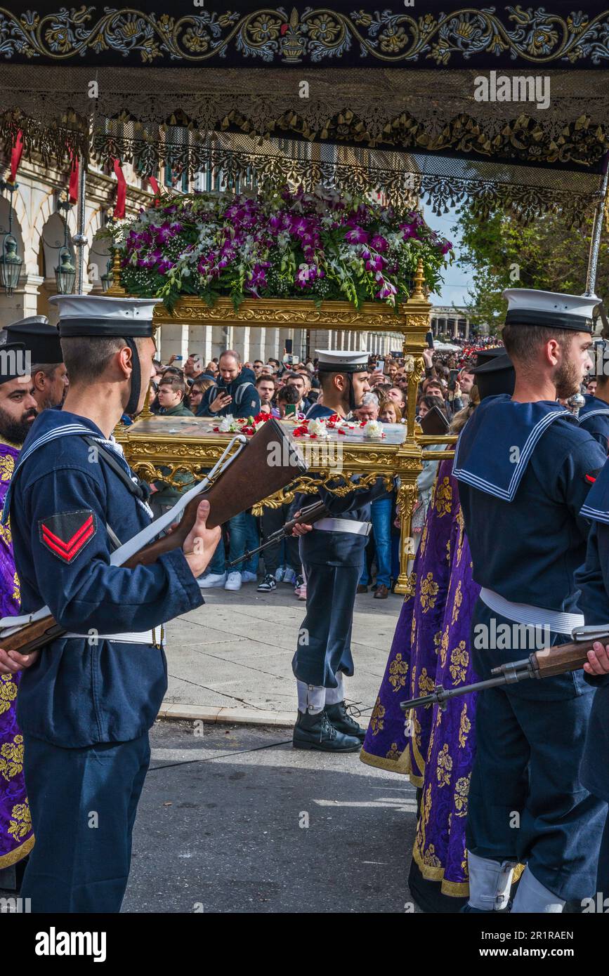 Sailors, Greek Orthodox priests carrying the epitaphios at procession, Holy Saturday, Holy Week, Liston promenade at Eleftherias Street, town of Corfu, Corfu Island, Greece Stock Photo