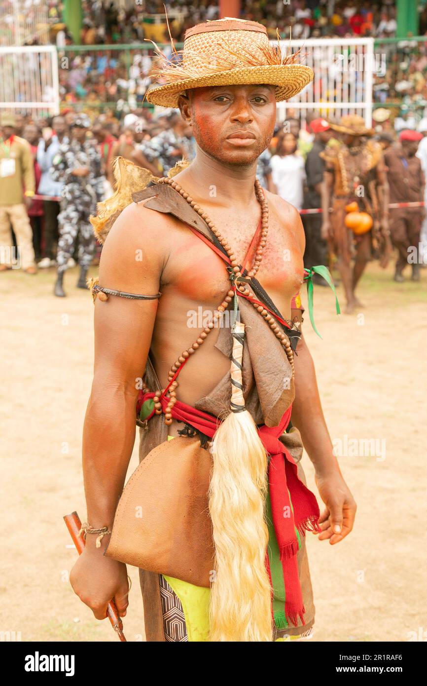 Jos, Nigeria. 12th May 2023. Portrait of Berom soldier during the Nzem Berom traditional festival in Jos, Plateau State, Nigeria. Stock Photo