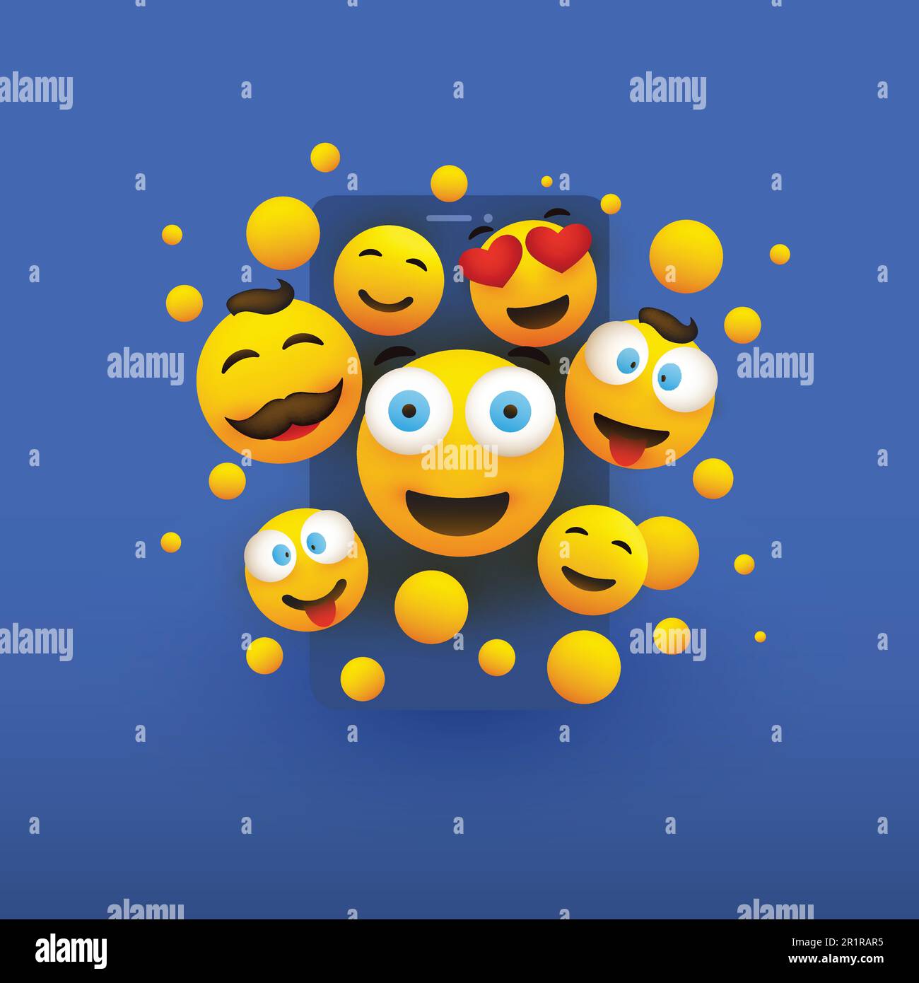 Various Smiling Happy Yellow Emoticons in Front of a Smartphone Screen