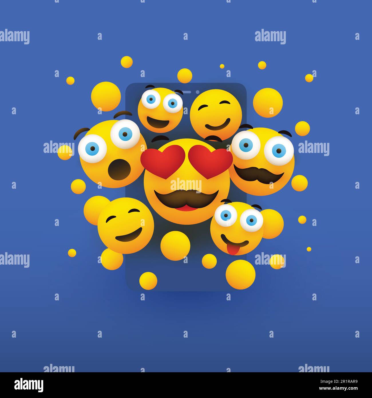 Various Smiling Happy Yellow Emoticons in Front of a Smartphone Screen ...