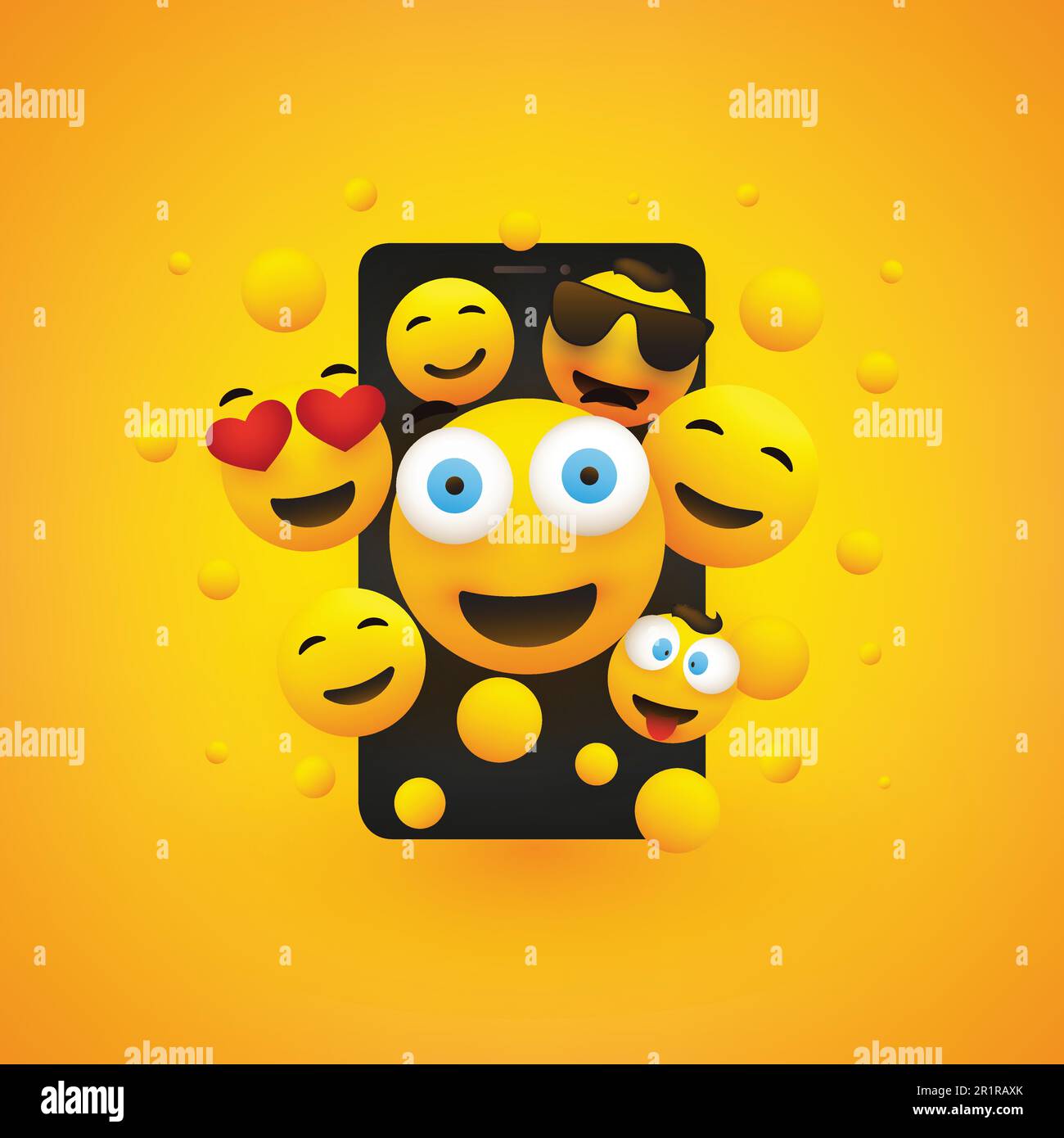 Various Smiling Happy Yellow Emoticons in Front of a Smartphone Screen