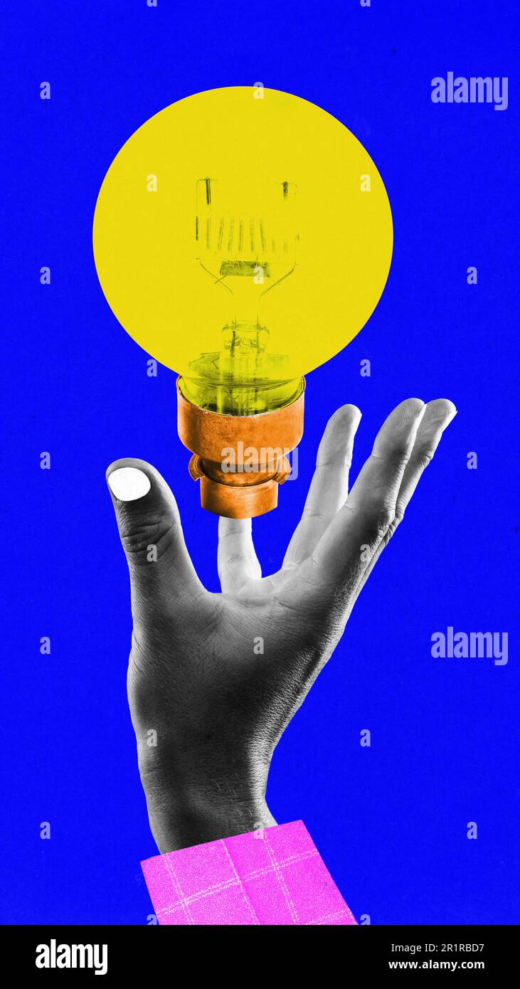 Contemporary art collage with human hand holding big light bulb over blue color background. Creative artwork, surrealism. Concept of creativity Stock Photo