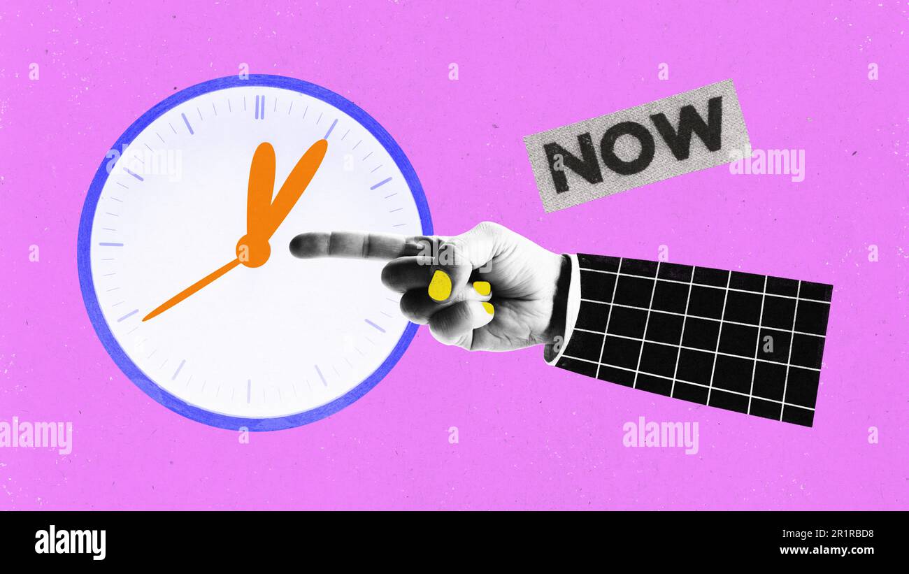 Contemporary art collage with human hand near big clock pointing on ...