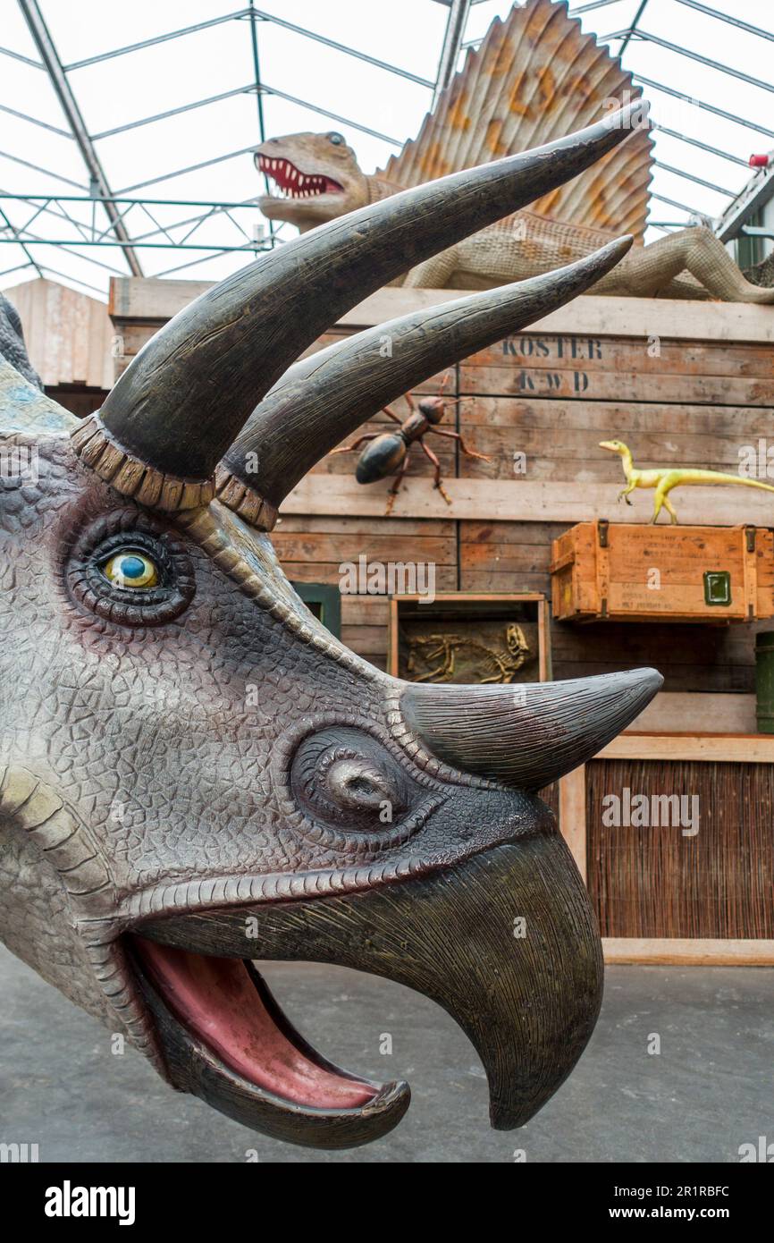 Giant dinosaur replicas on display at the Berkenhof Tropical Zoo, amusement and animal park near Kwadendamme, Zeeland, the Netherlands Stock Photo